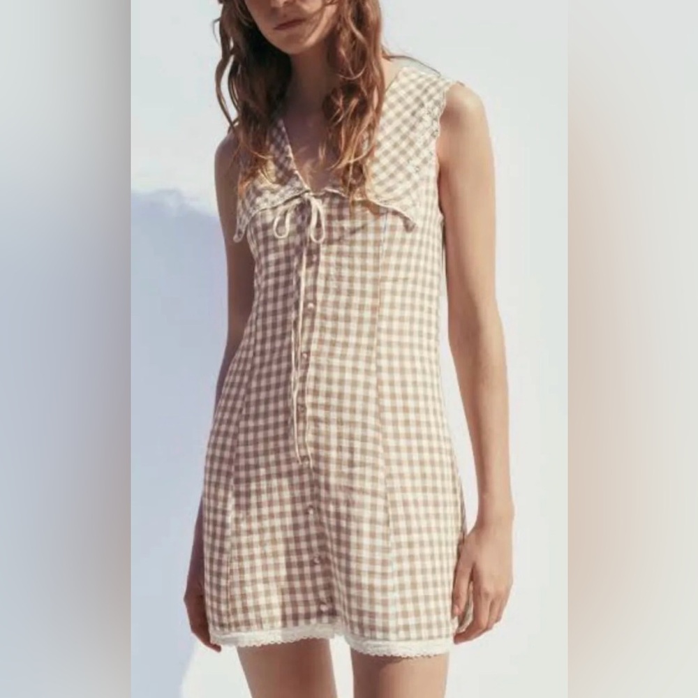 Zara Sleeveless Brown Gingham Tie-Front Dress Lace Ruffle Feminine Sundress - Picture 2 of 2